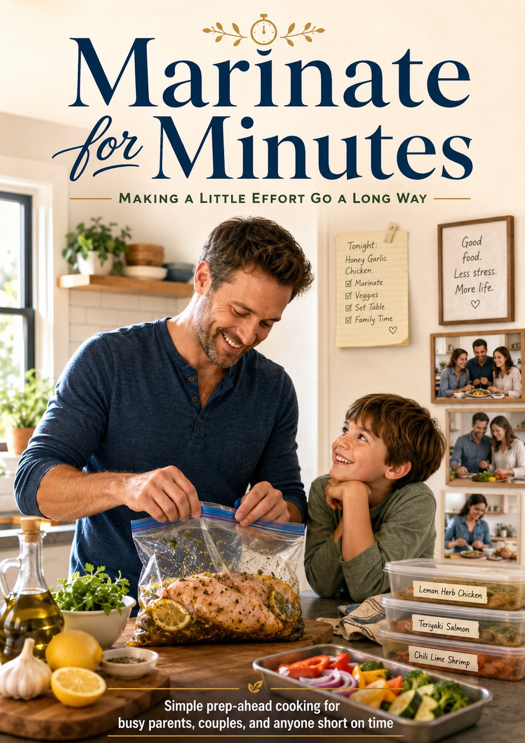 Marinate for Minutes — father and son marinating chicken in a warm kitchen